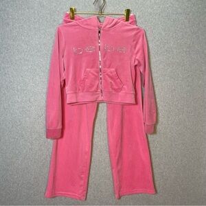 Bebe Y2K Pink Rhinestone Logo Velour Jacket and Pant Set
